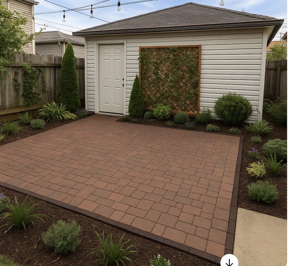 Brick paver patio with shed and string lights